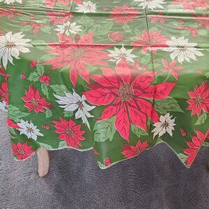 Vintage Christmas Vinyl/Flannel-Backed Tablecloth Poinsettia 52"x 52" Square